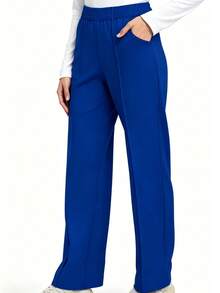 Spring/Summer Solid Color Multi-Pocket Pants, Fashionable Relaxed Fit Wide Leg Straight Trousers, Suitable For Beauty Salon, Commuting, Work Fall - Blue - View 9