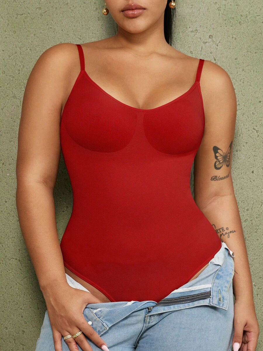 1pc Women Plus Size Seamless Tummy Control Butt Lifter Bodysuit Thong Shapewear Summer - Red - View 1