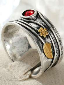 Vintage Floral Leaf Wide Band Ring, Women's Multi-Layer Streamlined Grape Relief Design, Red Synthetic Zirconia Decor, Suitable For Daily Commute, Travel, Date And Atmosphere Accessory - Multicolor - View 10
