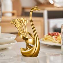 1 Set Constellation Swan Shaped Spoons, 6Pcs Stainless Steel Fruit Dessert Coffee Spoons With Swan Storage Base, Multi-Scene Tableware For Kitchen, Hotel & Cafe, Perfect Christmas And Holiday Gifts - A - View 3