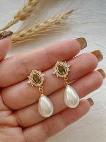 1 Pair Vintage Green Zirconia Teardrop Faux Pearl Earrings For Women To Wear,For Brides,Weddings,Daily Wear,Romantic Jewelry Gifts - Earrings - View 9