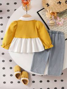 Baby Girl 2-Piece Set For Spring/Autumn, Bee Embroidery 2 In 1 Waffle Vest + White Ruffle Collar Shirt, Floral Bee Embroidery Light Denim Pants Outfit - Yellow - View 2