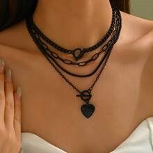 4pcs/Set Women's All-Season Versatile Hip-Hop Punk Fashion Black Metal Chain OT Clasp Heart-Shaped Photo Box Pendant Layered Necklace Set, Gift For Friends, Partners, Mothers, Elders On Valentine's Day, Mother's Day, Thanksgiving, Halloween - Black - View 1
