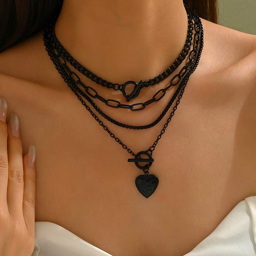4pcs/Set Women's All-Season Versatile Hip-Hop Punk Fashion Black Metal Chain OT Clasp Heart-Shaped Photo Box Pendant Layered Necklace Set, Gift For Friends, Partners, Mothers, Elders On Valentine's Day, Mother's Day, Thanksgiving, Halloween - Black - View 1