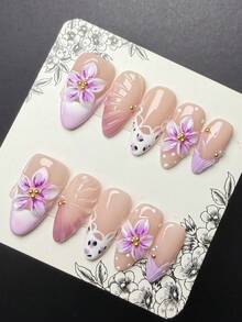 1 Set 10pcs Y2K Hot Girl Style Press-On Nails, Almond Shaped Handmade Wearable Nails, Nude, Purple, White Nail Tips With French, Carved, Drip Glue Wave, Polka Dot, Lace, Steel Bead Design, Glossy Nail Tips For Women And Girls, Suitable For Party, Dance, Daily Wear, Includes Tool Kit. (Note: Accessory Color Random) - Multicolor - View 3