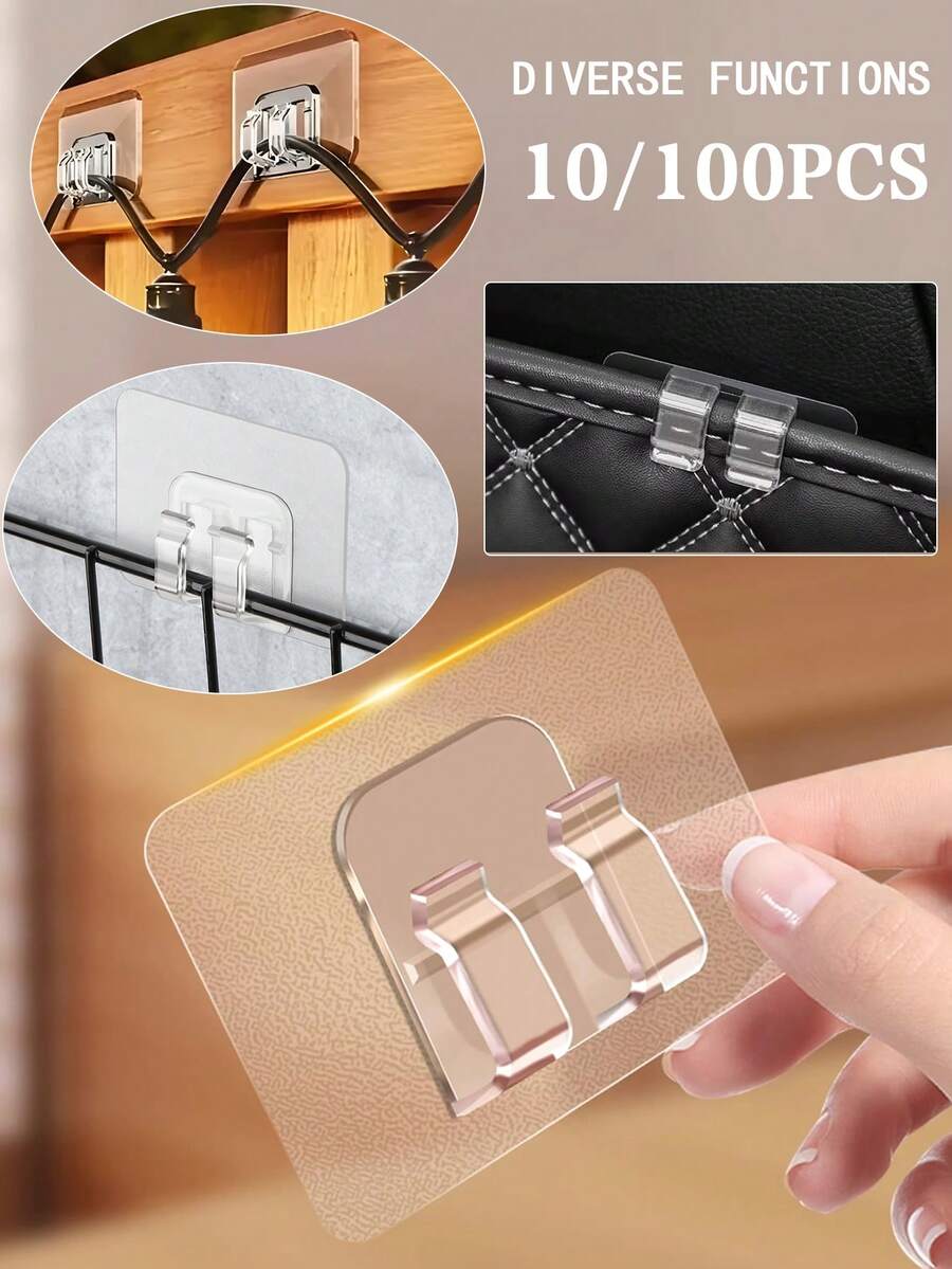 10/100個透明塑膠掛鉤，可用於固定汽車地墊、浴室收納架、戶外串燈、數據線，耐用，適合掛聖誕燈飾、線材管理與繩索整理