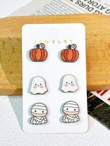 1 Set 3 Pares de Pendientes de Botón de Madera con Diseño de Dibujos Animados de Halloween, Pendientes Divertidos y Caprichosos de Maíz Dulce, Calabaza, Fantasma, Gatito, Murciélago y Telaraña, Set de Pendientes de Regalo Festivo para Mujeres - Multicolor - Ver 7