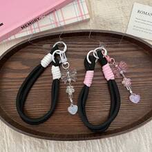 1pc Y2K Iridescent Butterfly Smart Phone Wrist Strap, Thick Braided White & Pink Contrast Color Hand Rope, Acrylic Heart Phone Shoulder Strap Charm, Sweet Versatile Daily Phone Accessory - Multicolor - View 2