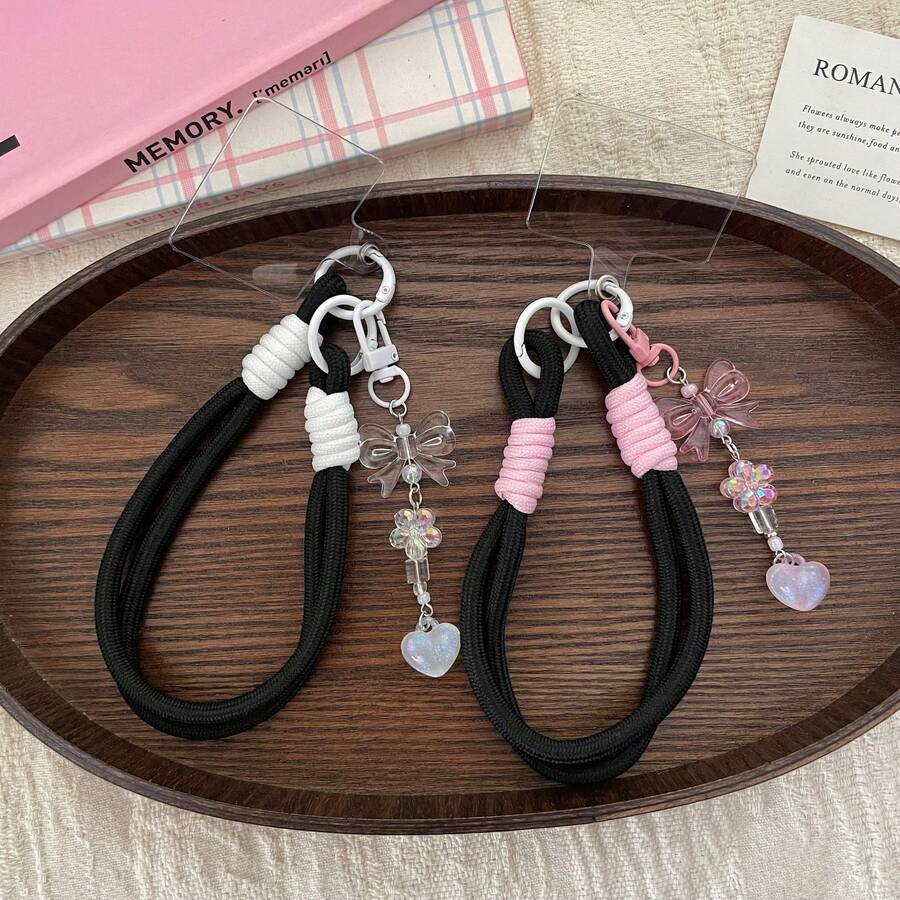 1pc Y2K Iridescent Butterfly Smart Phone Wrist Strap, Thick Braided White & Pink Contrast Color Hand Rope, Acrylic Heart Phone Shoulder Strap Charm, Sweet Versatile Daily Phone Accessory