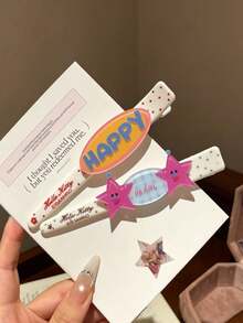 2pcs Cute Cartoon HAPPY Hair Clips, Versatile Bangs Alligator Hair Clips, Girly Star Hair Accessories Hairpins - Multicolor - View 3