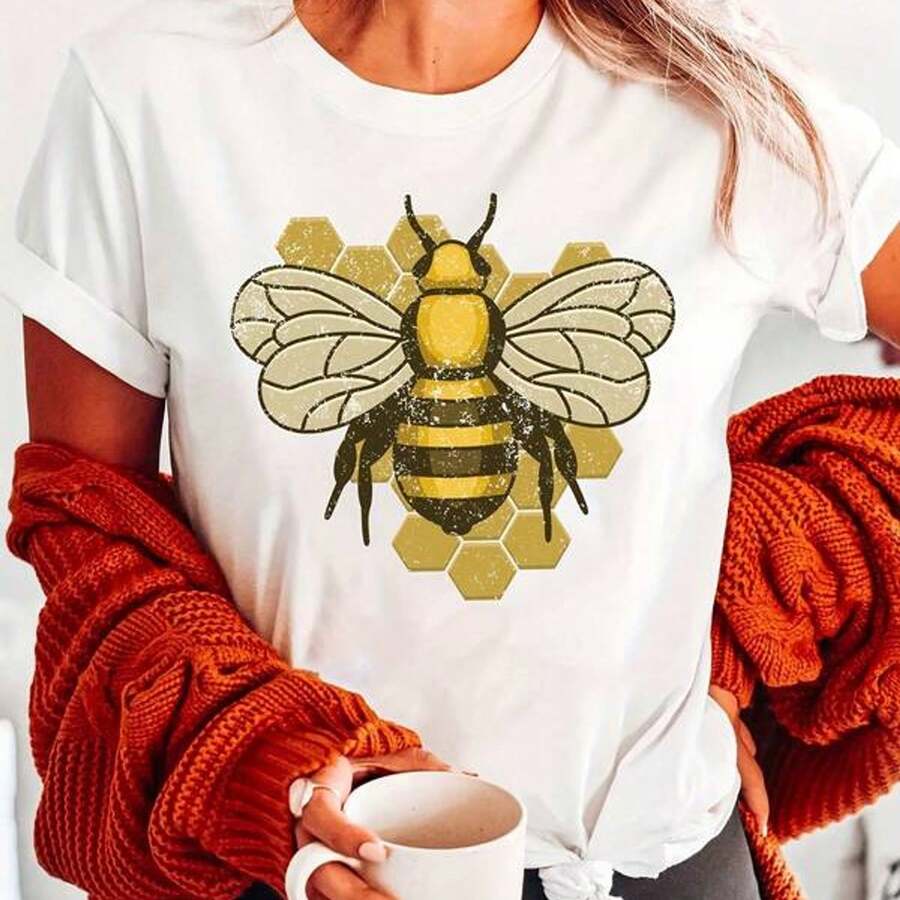 Camiseta para Mujer Inspirada en Abejas - Cuello Redondo Casual, Manga Ccomndota con Estampado Vintage de Abejas, Perfecta para Primavera y Verano, Ab - Blanco - Ver 1