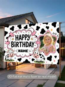 1pc Customizable Photo & Name Pink Cartoon Cow Print Happy Birthday Backdrop Banner, Black & White Cow Pattern Full Background With Pink Polka Dots And Pink Decorative Ribbon, Cute & Playful, Suitable For Cow Theme Birthday, Baby Shower Party Background Decoration Photography Banner Vinyl - Type a - View 4