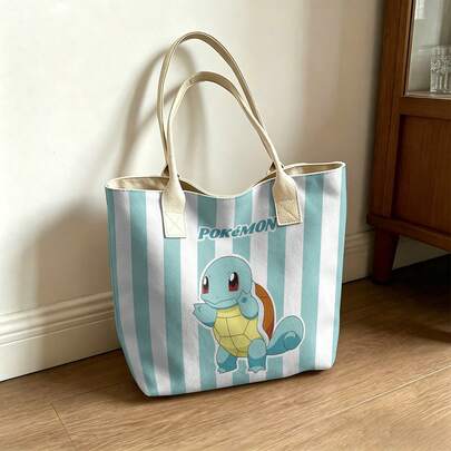 Miniso Pokémon Canvas Tote Bag, Mint Green And White Vertical Stripe Design, Squirtle Front Graphic & Logo, Reusable Daily Shoulder Handbag For School, Shopp