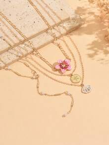 4pcs/Set Gentle Style 4-Layer Necklace Set, Pink Flower Shell Starfish Combination Women's Neck Jewelry, Niche Vacation Style Suitable For Summer Outfits, Daily Wear, Beach And Casual - Multicolor - View 3