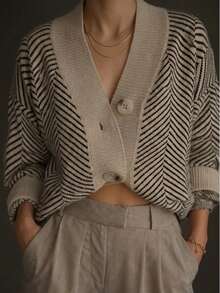 French Style Knitted Cardigan Slouchy Chic Black & White Striped Women's V-Neck Loose Fit Slimming Long Sleeve Sweater Autumn/Winter Versatile Button-Up Jacket - Multicolor - View 3