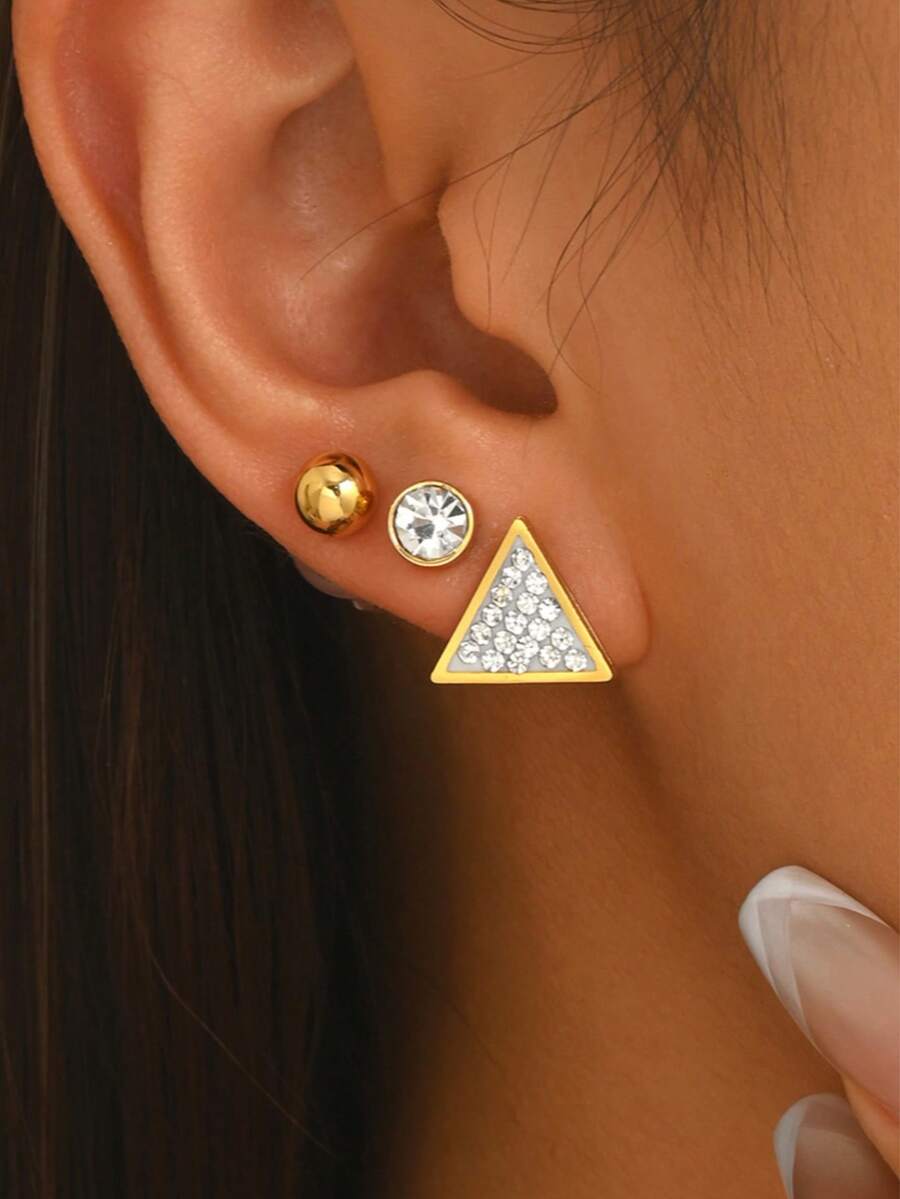 1 Set European & American Fashion Stainless Steel Micro-Inlaid Rhinestone Stud Earrings Set, Versatile For Women's Daily Wear - Multi-color a - View 1