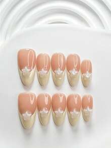 10片甜美風手工穿戴甲，Polygel美甲套組，白色珍珠亮面五角星黃色指甲油，獨特風格，含美甲工具，3種尺寸可選：方型、短方型、杏仁型，適合派對、跳舞、日常配戴 - 彩色 - 查看 3