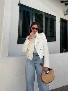 ZAHM White Short Double-Breasted Gold Button Blazer - Apricot - View 2