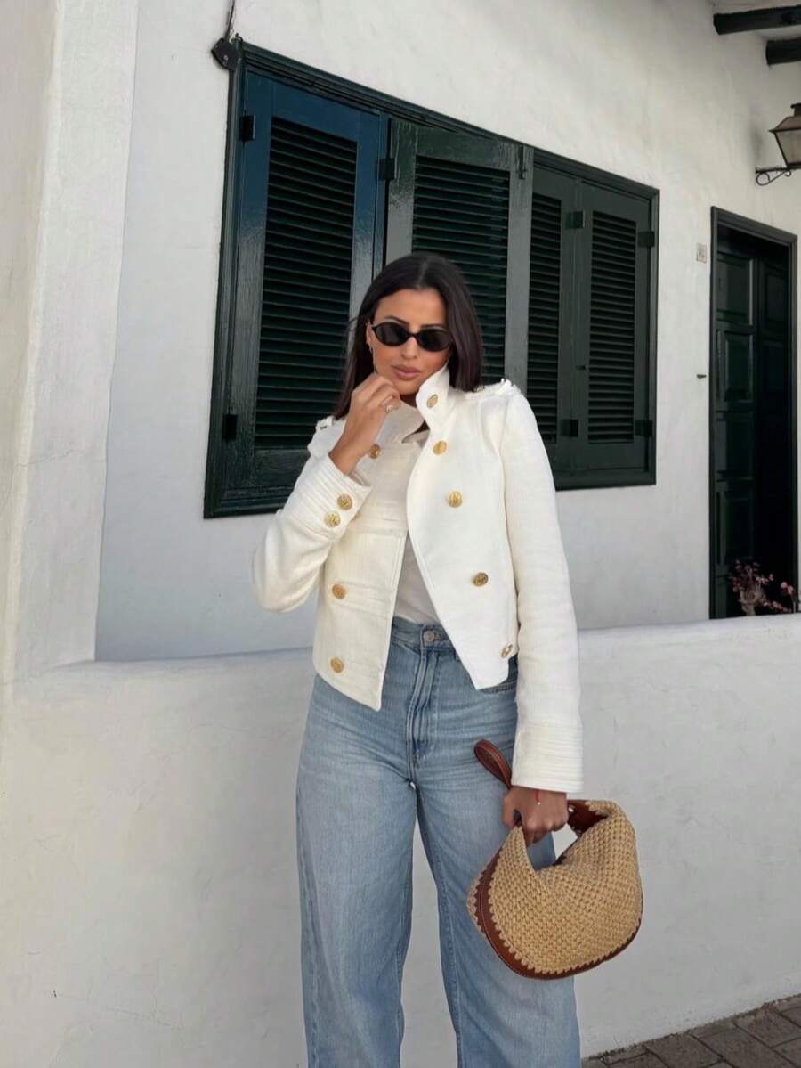ZAHM White Short Double-Breasted Gold Button Blazer