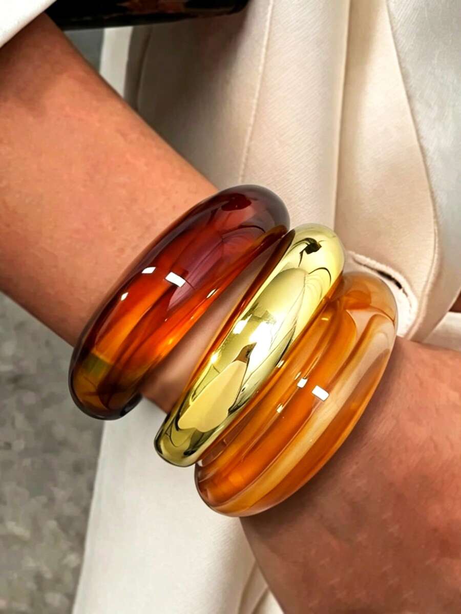 3-teiliges Vintage elegantes Damen Armband Set, modisches breites glattes Armband aus Acryl CCB Material, einfacher lässiger Stil geeignet für den täglichen Gebrauch von Frauen, Dating, Party, Treffen, Urlaub, vielseitiges Accessoire, Geschenk für Freundin und Mutter - Verschiedenfarbig - Übersicht 1