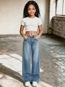 Quần Jeans Ống Rộng Thẳng Đơn Giản Màu Xanh Cổ Điển, Dáng Rộng Cho Các Bé Gái Tuổi Teen Và Các Bé Gái Tuổi Teen - Màu xanh lam - Xem 2