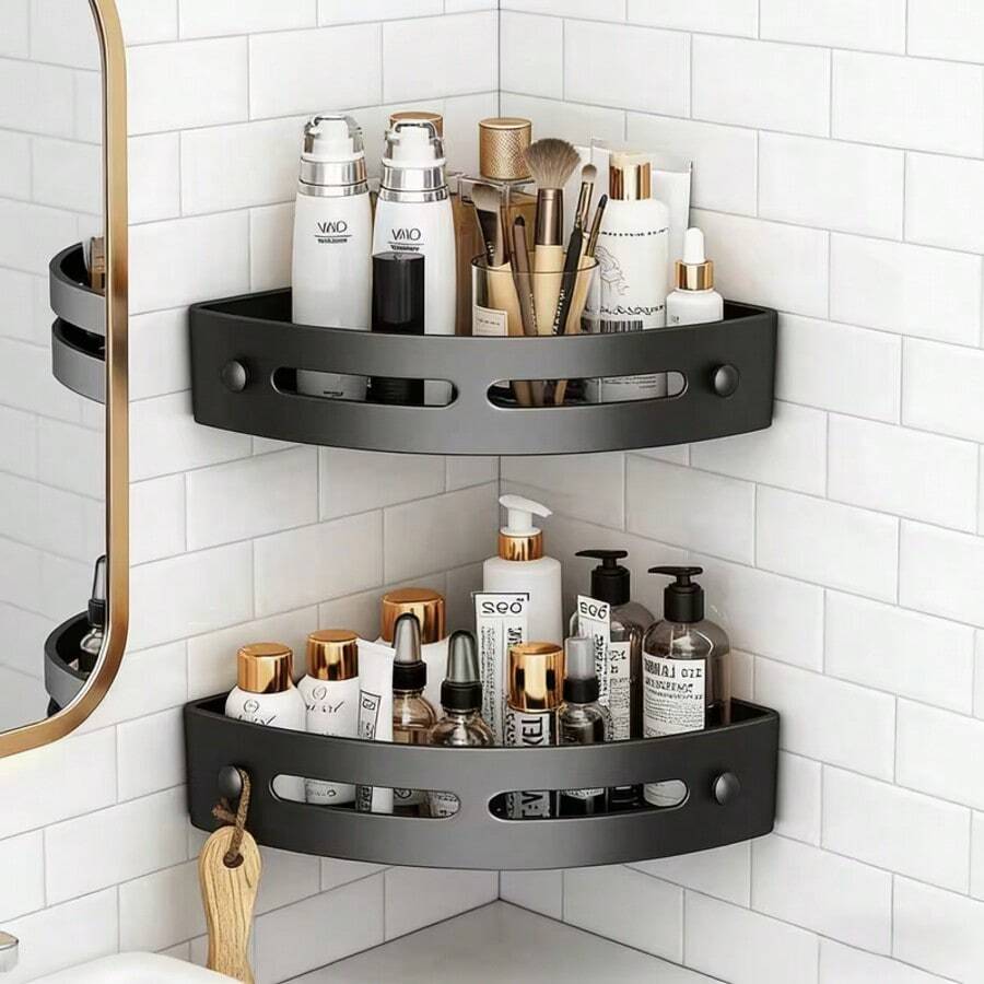 2pcs Corner Shower Caddy - No-Drill Adhesive Bathroom Storage Rack, Wall-Mounted Shampoo And Toiletries Organizer, Waterproof And Rust-Proof Material, Free Adhesive Backing, With Drainage Holes And Side Hooks. Bathroom Storage Rack. Easter Gift, Mother's Day Gift