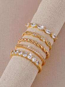 Juego de 5 anillos de circonita artificial incrustada, simple y versátil, apilable y combinable, adecuado para uso diario, citas, fiestas y reuniones de mujeres - Amarillo Oro - Ver 7