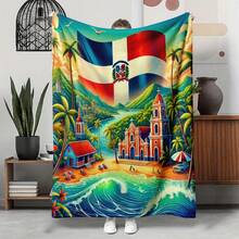  1pc Dominican Republic Culture Flannel Blanket – Dominican World Cup, Flag Colors, Hibiscus, Merengue Dancers, Baseball, Punta Cana Beach, Santo Domingo. 280GSM For Couch, Dorm. Cozy Tapestry For Bedroom. Gift For Caribbean Travel & Culture Lovers - Multicolor 1 - View 2