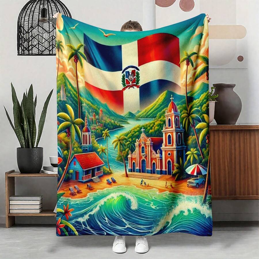  1pc Dominican Republic Culture Flannel Blanket – Dominican World Cup, Flag Colors, Hibiscus, Merengue Dancers, Baseball, Punta Cana Beach, Santo Domingo. 280GSM For Couch, Dorm. Cozy Tapestry For Bedroom. Gift For Caribbean Travel & Culture Lovers