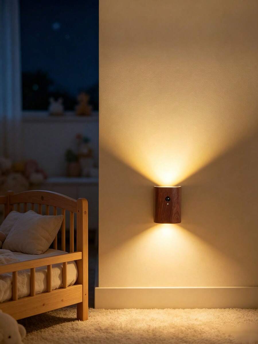 1pc USB Rechargeable Magnetic Wood Grain Sensor Night Light, LED Bedside Reading Light, Smart Linked Sensor Stair Night Light. Rechargeable, Suitable For Stair Lighting, Hallway Lighting And Home Decor. - Multicolor - View 1