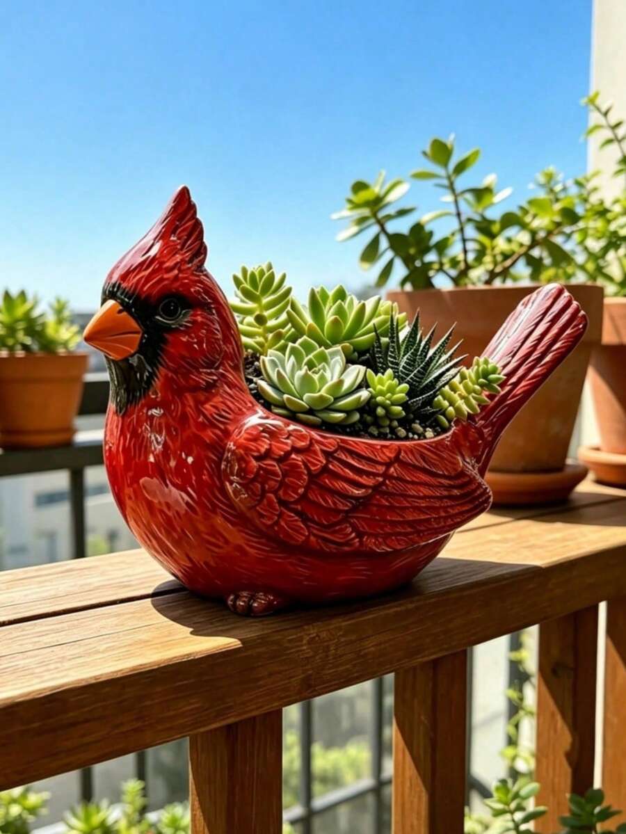 Handpainted Resin Red Bird Succulent Planter, Cute Animal Shaped Flower Pot For Indoor/Outdoor Plants, Unique Decorative Gift For Garden, Windowsill, Tabletop - Red Sparrow - View 1