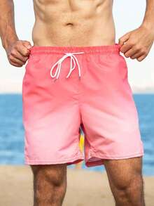 Plus Size Men's Ombre Digital Print Beach Shorts, Casual-Holiday Loose Fit Summer Workout Running Shorts - Pink - View 2