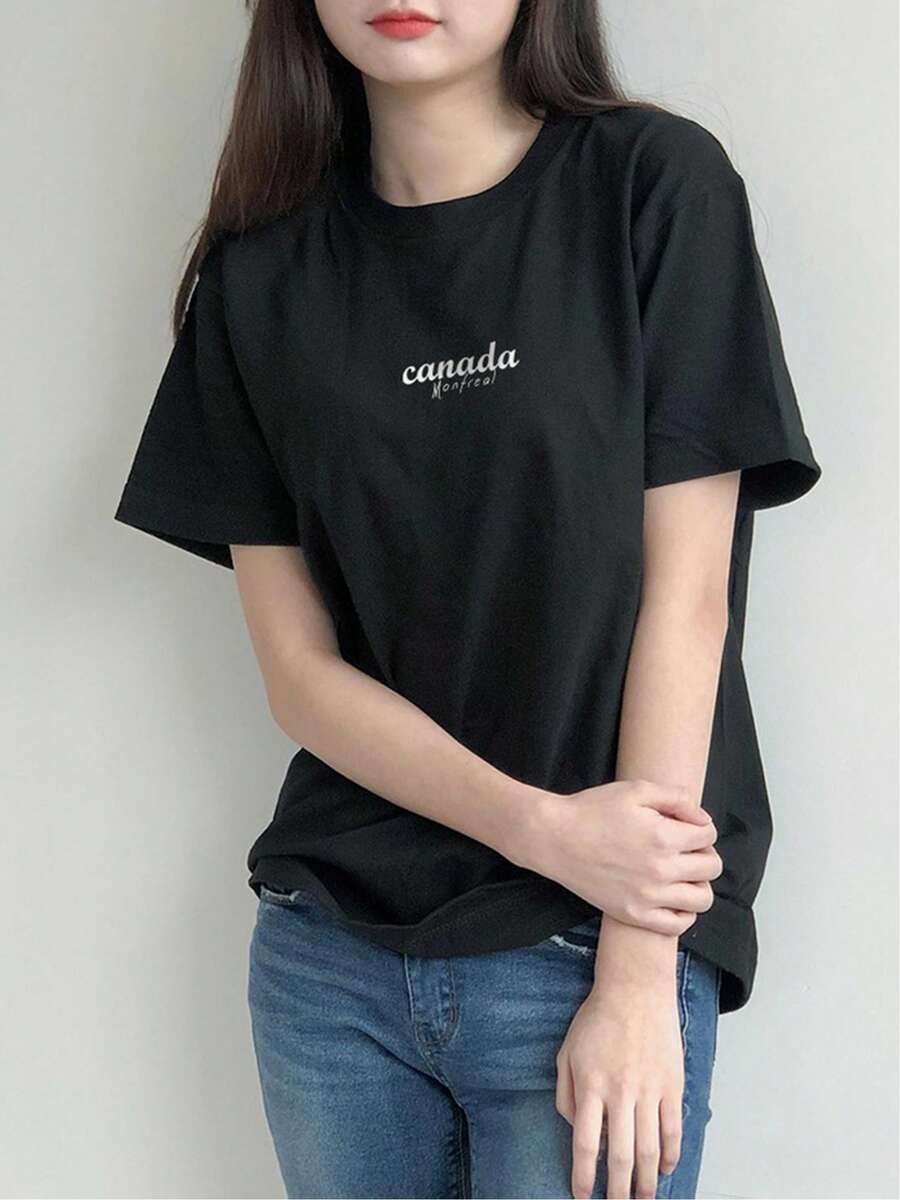 2026New Spring/Summer Loose Fit Off-Shoulder Women's Short Sleeve T Shirt| Casual All-Matching,With Letter Print - 黑色 - 查看 1