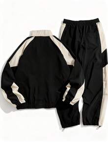 Driftmere Men's Colorblock Baseball Jacket And Drawstring Pants 2 Piece Set, Vintage College Streetwear Tracksuit For Casual Jogging, Travel And Daily Wear - Black - View 7