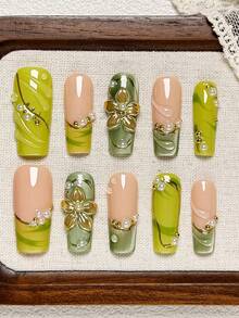 10pcs Handmade Rectangle Press On Nails, Nude Lime Green Color With Marble Wave French Edge, Fresh Two-Tone Gradient, 3D Golden Metal Flower, Wavy Textured Gel-X Nails, And Pearl Gold Bead Pattern Nail Tips. Suitable For Party, Great Gift For Women - Multicolor - View 2