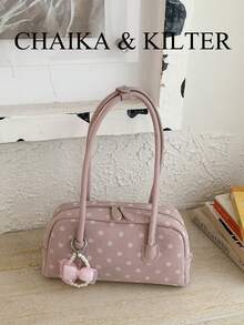 CHAIKA & KILTER 1 buah Tas Bahu Bowling Fashion Wanita Bahan PU Warna Solid dengan Jahitan Quilted Kontras Polka Dot di Seluruh Permukaan, Desain Pegangan Ganda, Penutup Resleting, Cocok untuk Penggunaan Sehari-hari dan Jalanan (Dijual dengan Liontin) - Berwarna merah muda - View 2