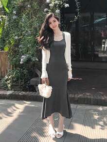 Summer Solid Color Long Fitted Mermaid Hem Short Sleeve Sweater Dress - Dark Grey - View 3