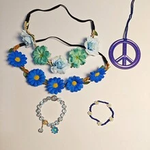 5pcs Hippie Accessories Set, Including Peace Sign Beaded Bracelet, Necklace, Flower Crown Headpiece, Hippie Costume Props, Suitable For Women To Attend Parties, Can Be Used For Halloween Party Costume - Multicolor - View 2