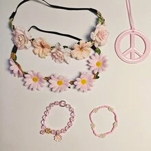5pcs Hippie Accessories Set, Including Peace Sign Beaded Bracelet, Necklace, Flower Crown Headpiece, Hippie Costume Props, Suitable For Women To Attend Parties, Can Be Used For Halloween Party Costume - Multicolor - View 14