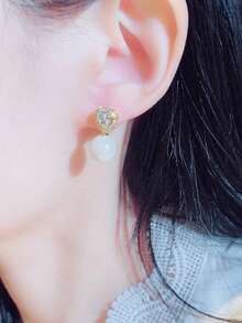1 paire de boucles d'oreilles charmantes en zircone cubique & perles fausses, conçues pour les femmes, convenant pour les mariages, les fiançailles, les fêtes d'anniversaire, les cadeaux de la Saint-Valentin - Or jaune - Voir 3