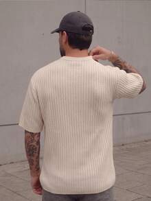 Men's Vertical Ribbed Knit Sweater, Crew Neck Short Sleeve Loose Fit American Minimalist Solid Color Knit T-Shirt, Spring Summer Versatile Casual Base Layer - Apricot - View 5