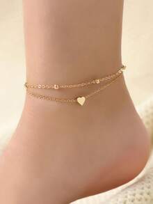 1pc Bohemian Style Minimalist Double Layer Fashion Heart Beaded Anklet, Daily Accessory, Suitable For Women Beach Vacation Wear, Holiday Gift - Gold - View 2