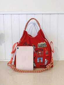 女款手提布製托特包，大容量防水絲綢刺繡托特包，獨特圖案，便攜式單肩托特包 - 紅色 - 查看 7