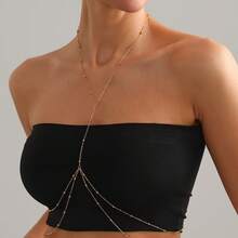 Stainless Steel Multi-Layer Necklace, Elegant Minimalist Style, Fashionable Y-Shape Necklace With Geometric Tassel & Bead Decor - Multicolor - View 7