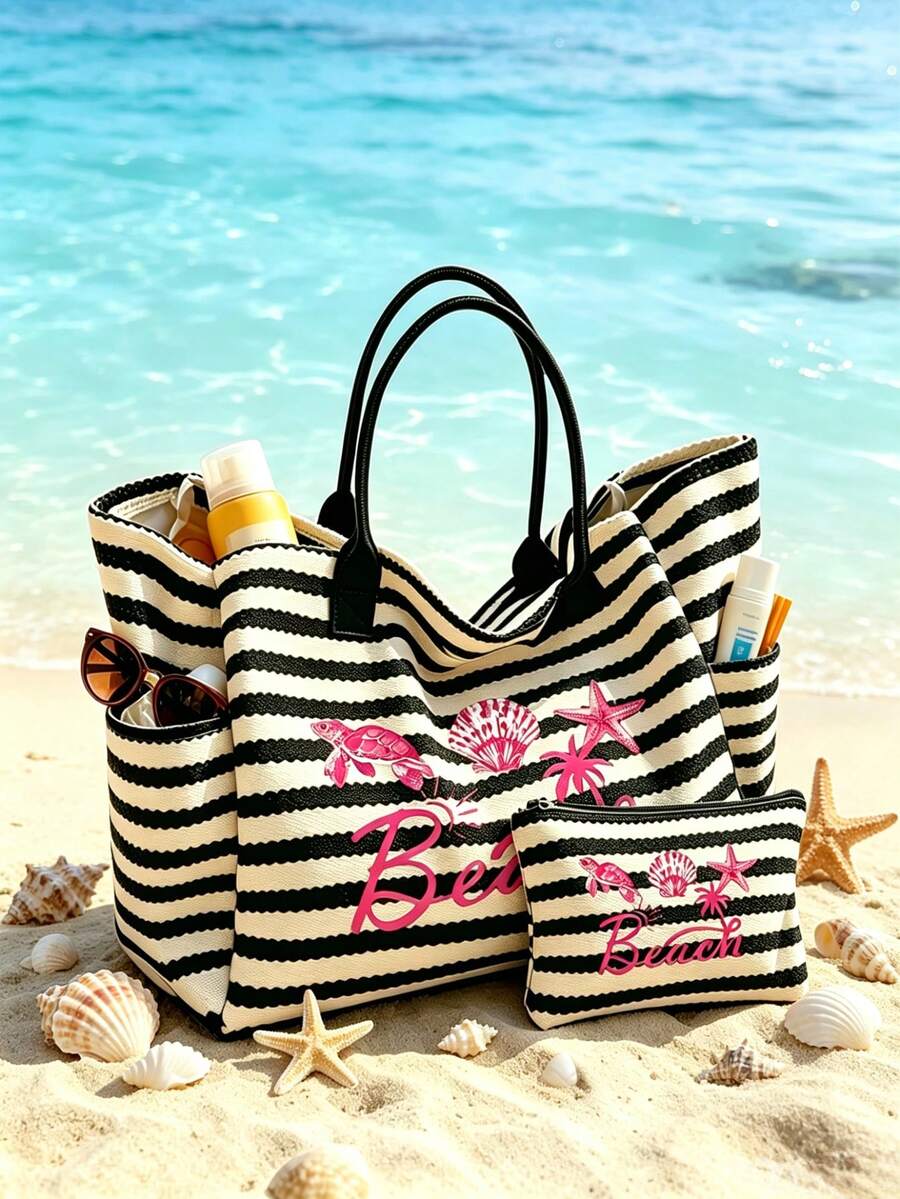1/2件組條紋托特包與化妝包套裝,印有「Beach」圖案,適合度假、旅行、通勤、購物,送給家人與朋友的禮物 - 彩色 - 查看 1