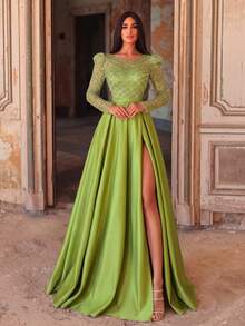 Gaun Malam Maxi Elegan Lengan Panjang Leher Bulat Belahan Tinggi Model A-Line Rok Penuh untuk Pesta Liburan Pernikahan Musim Gugur - Hijau - View 5