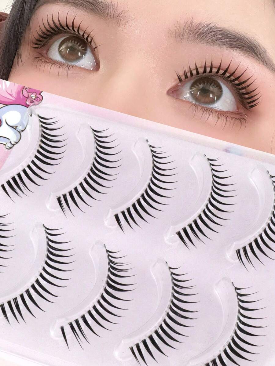 5 Pares de Cílios Manga Densos com Efeito Molhado e Pontiagudos, Banda Invisível, Confortáveis, Encaracolados, Olhos Grandes Naturais Estilo Boneca, Estilo Anime, Fios Definidos, Estilo Doce Coreano/Japonês - Visão 1