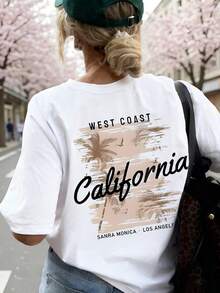 New Summer Women's Simple Colorful Coconut Tree Pattern Round-Neck White Short-Sleeve T-Shirt, Fashionable And Versatile, Suitable For Women's Blouses - 白色 - 查看 1