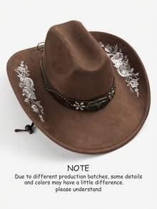 1pc Women's Embroidered Faux Suede Western Cowboy Hat, Vintage, Rose Pattern, Wide Brim, Metal Decoration, Windproof Rope Design, Suitable For Outdoor Activities And Parties, Size M - Top Hat - View 15
