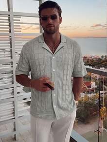 YONGC Spring/Summer New Men's Fashion Short Sleeve Knit Cardigan, Simple Solid Color Hollow Out Casual , Summer Vacation, Relaxed Style - Grey - View 3